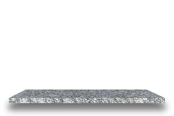 istock Empty top of natural stone shelves isolated on white background 485073290
