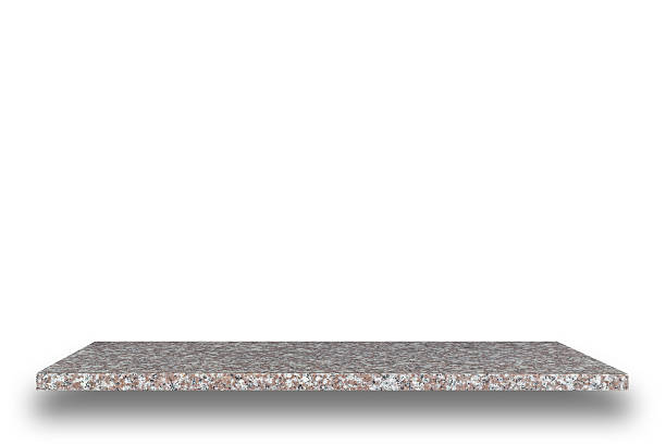 istock Empty top of natural stone shelves isolated on white background 485073320