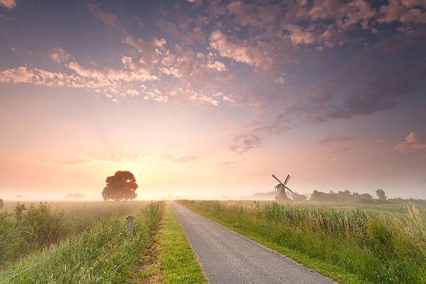 beautiful sunrise on Dutch farmland with windmill stock photo