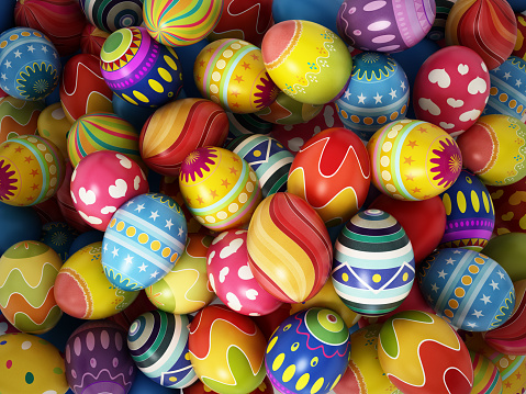 Multi-colored Easter eggs. All the texture maps were illustrated and colored by me.