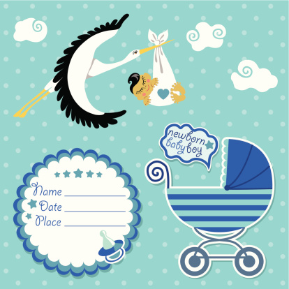 Stork  flying with Asian newborn baby boy.Baby shower card,invitation,scrapbook  with label,copy space,baby carriage in polka dot background.Vector Illustration.