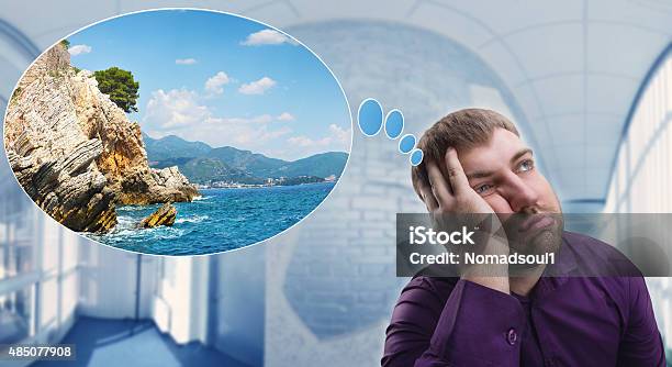 Sad Man Dreaming About Vacation Stock Photo - Download Image Now - 2015, Adult, Adults Only