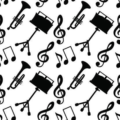 Seamless pattern with musical notes, treble clef, trumpet, music stand - vector artwork
