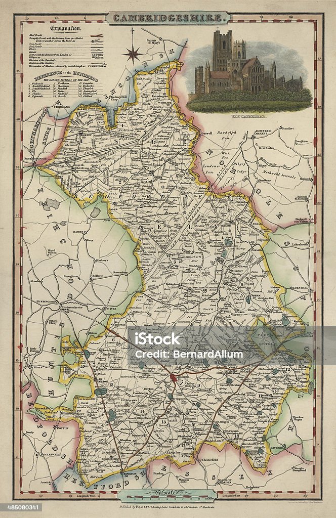 Antique map of Cambridgeshire An antique map of Cambridgeshire 1840. James Pigot (1794-1842)  showing the whole county and all it's major towns and cities.Pigot started as an engraver for Dean's Manchester Directory, but later set up his own business publishing the London and Provincial New Commercial Directory, Map stock illustration