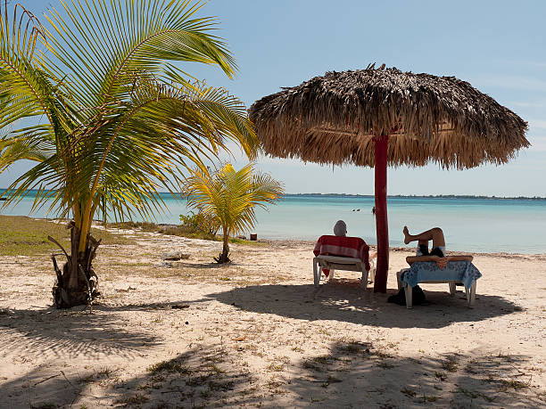 Cuba Bay of Pigs, Cuba - March 16, 2010: Two people lounging under a thatched parasol on the beach of the famous Bay of Pigs, with palm trees in the foregound bay of pigs invasion stock pictures, royalty-free photos & images