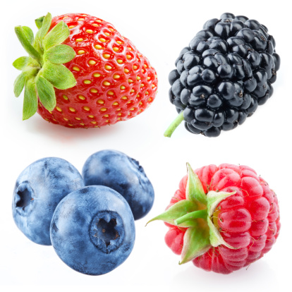 Berries - raspberry, strawberry, blueberry, mulberry. Collection isolated on white