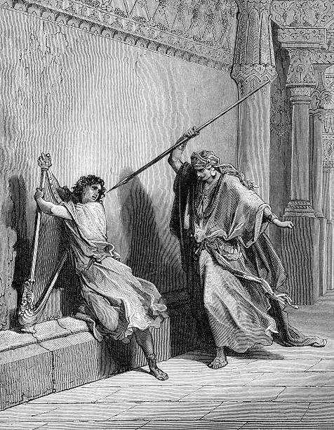 Engraving from 1880 showing the biblical story of Saul threatening to kill David.