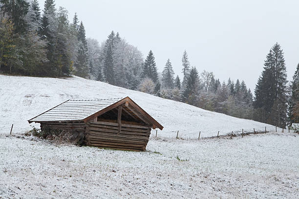 istock wooden hut on winter alpine meadow 485083686