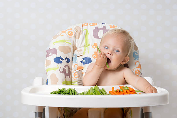 Baby girl eating raw food Baby girl sitting in a highchair eating raw, seasonal vegetables: carrots, beans, peas, celery happy green peas stock pictures, royalty-free photos & images