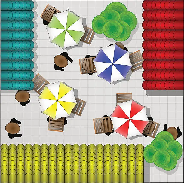 Vector illustration of Illustration of restaurants with chairs and parasols from above