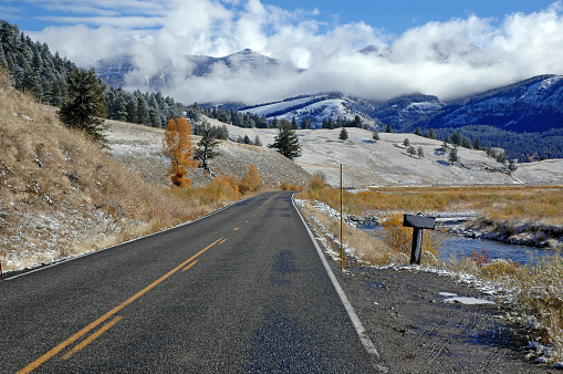 Yellowstone National Park, located in both Wyoming and Montana, Western USA. Yellowstone was created by a supervolcano, is home to ample wildlife and is one of the only complete ecosystems in the United States with its original predators still there including wolves, cougars, Grizzly and Black Bears and several other prey species such as elk, deer and bison.