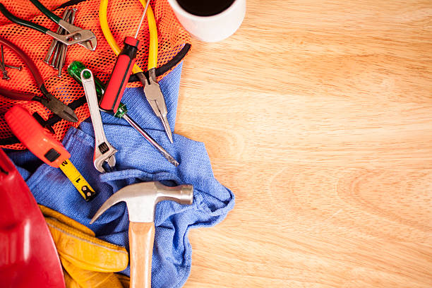 istock Overhead view of construction worker's supplies. Copyspace. 485094700