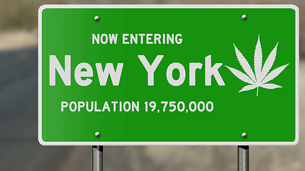 New York highway sign with marijuana leaf stock photo