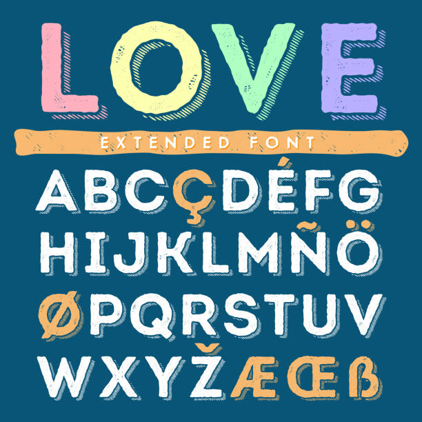 lustiger hand drawn set buchstaben in grossbuchstaben - child alphabetical order writing alphabet stock-grafiken, -clipart, -cartoons und -symbole