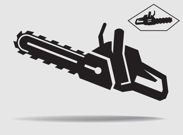 chainsaw chainsaw vector black icon on a grey background chainsaw stock illustrations