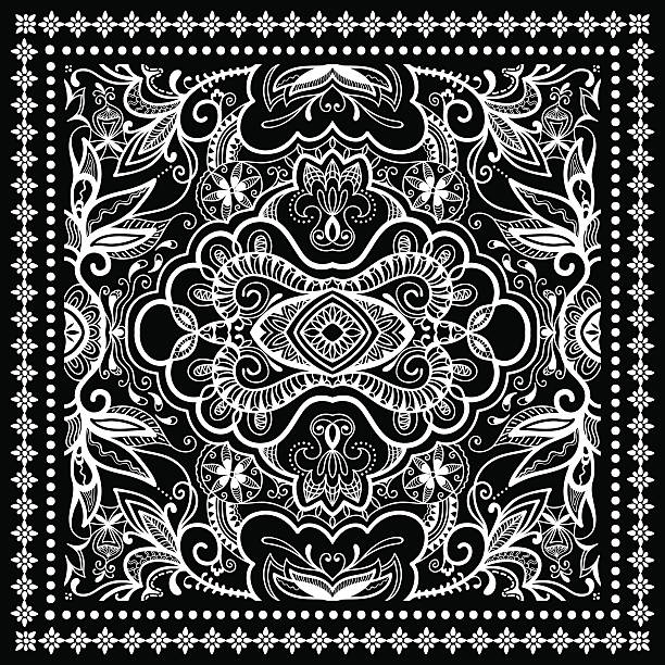 Black Bandana Print, silk neck scarf or kerchief square pattern Black Bandana Print, silk neck scarf or kerchief square pattern design style for print on fabric, vector illustration. silk scarf stock illustrations