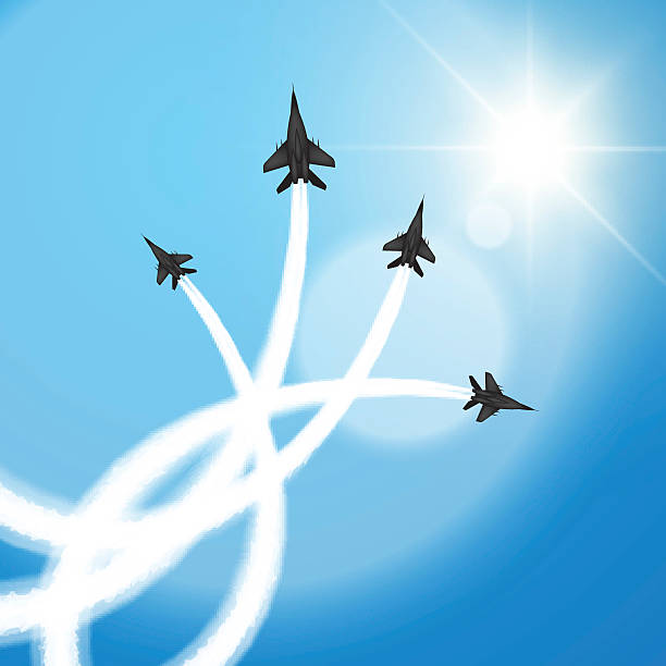 Fighters at air show Military fighter jets perform aerial acrobatics. Vector illustration air show stock illustrations