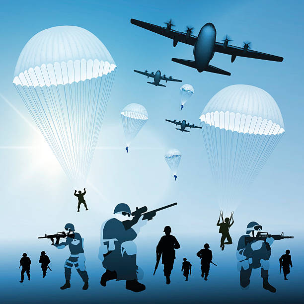 ilustrações de stock, clip art, desenhos animados e ícones de tropas de aterragem - parachute parachuting skydiving silhouette
