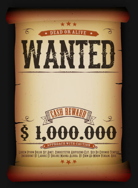 Wanted Vintage Poster On Old Parchment Vector illustration of a vintage wanted dead or alive placard poster template on old parchment scroll, with cash reward as in western movies. File is EPS10 and uses multiply and overlay transparency. Vector eps and high resolution jpeg files included bounty hunter stock illustrations