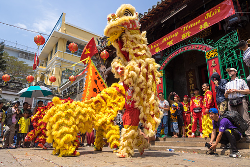 Ho Chi Minh, Vietnam - February 18, 2015: Lion dancing to celebrate Lunar New Year at Thien Hau Pagoda, Cho Lon