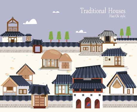 Modern flat vector illustration featuring the old town surrounded by ramparts with Korean traditional buildings. A variety of houses for people from the lower class to noble class such as thatched house and tiled roofs.  A tone pagoda, city walls and gates included. Suitable for traditional holiday background. 