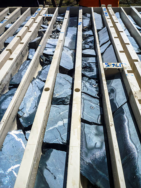 Drill core trays from gold deposit stock photo
