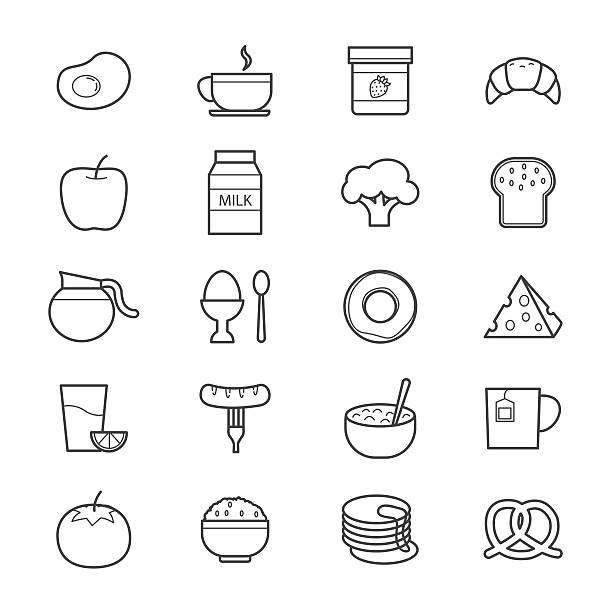 завтрак иконы линия - coffee fried egg breakfast toast stock illustrations