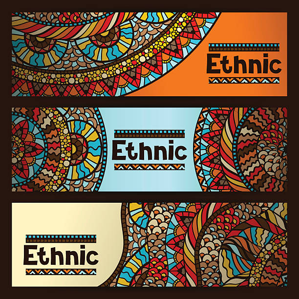 ilustrações de stock, clip art, desenhos animados e ícones de étnico banners com design mão desenhada motivo ornamental - etnicidade de índio