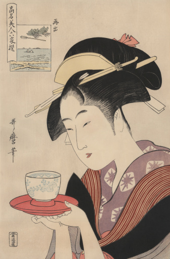 This Japanese art print is a portrait of the tea house waitress Naniwaya Okita in a beautiful kimono serving a cup of tea, 1790.  The print bears the artist's signature. The artist Utamaro Kitagawa (1753-1806) was a ukiyo-e master and is a very famous print-maker. His genre is called 