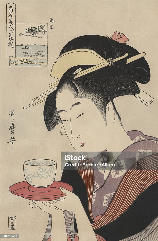 Antique Japanese Woodblock, woman serving tea This Japanese art print is a portrait of the tea house waitress Naniwaya Okita in a beautiful kimono serving a cup of tea, 1790. The print bears the artist's signature. The artist Utamaro Kitagawa (1753-1806) was a ukiyo-e master and is a very famous print-maker. His genre is called "bijinga" (Pictures of Beautiful Women). Japan stock illustration Antique Japanese Woodblock, woman serving tea This Japanese art print is a portrait of the tea house waitress Naniwaya Okita in a beautiful kimono serving a cup of tea, 1790. The print bears the artist's signature. The artist Utamaro Kitagawa (1753-1806) was a ukiyo-e master and is a very famous print-maker. His genre is called "bijinga" (Pictures of Beautiful Women). Japan stock illustration