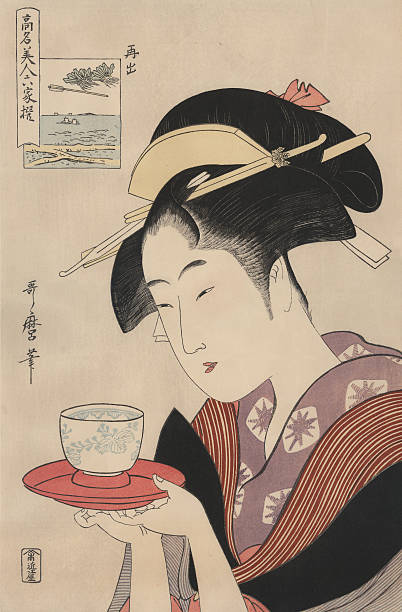 Antique Japanese Woodblock, woman serving tea This Japanese art print is a portrait of the tea house waitress Naniwaya Okita in a beautiful kimono serving a cup of tea, 1790.  The print bears the artist's signature. The artist Utamaro Kitagawa (1753-1806) was a ukiyo-e master and is a very famous print-maker. His genre is called "bijinga" (Pictures of Beautiful Women). printmaking technique illustrations stock illustrations