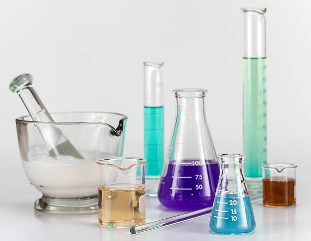 istock Lab equipment, glassware kit filled with colored liquids, gels 485116165