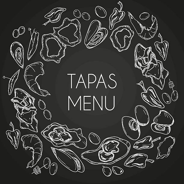 tapas menu Vector tapas menu for bar and restaurants. Chalckboard background. Spanish cuisine. serrano chili pepper stock illustrations