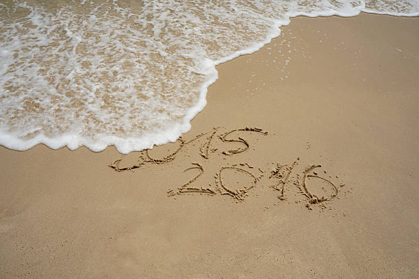 istock 2015 and 2016 year on the sand beach 485117084