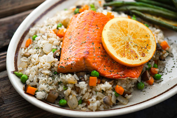 istock Salmon Steak with Fries Rice 485117656