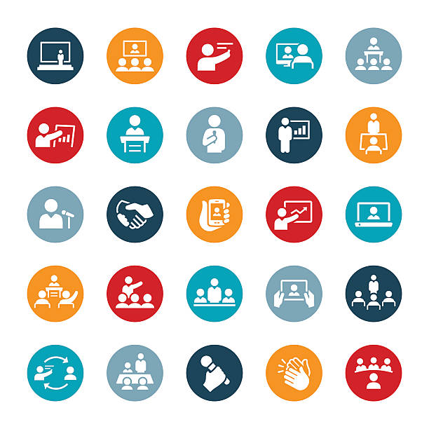Business Meetings and Presentations Icons Icons symbolizing situations of business presentations and meetings. The icons show several situations where a presenter or instructor is giving a presentation or leading a discussion. The icons include presenters, instructors, teachers and leaders along with business teams, students and other groups of people listening and learning. classroom icons stock illustrations