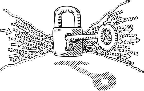 Binary Code Security Lock Key Drawing Hand-drawn vector drawing of a Binary Code Data moving through a Security Lock and Key. Black-and-White sketch on a transparent background (.eps-file). Included files are EPS (v10) and Hi-Res JPG. network encryption stock illustrations