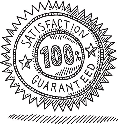 Hand-drawn vector drawing of a Retail Label, 100 Percent Satisfaction Guaranteed. Black-and-White sketch on a transparent background (.eps-file). Included files are EPS (v10) and Hi-Res JPG.