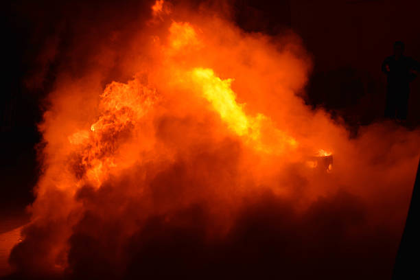 istock The burning gas tank and Smoke from burning. 485131286