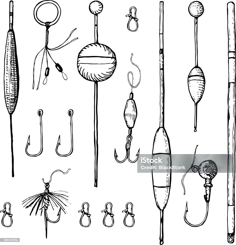 Conjunto de vectores dibujados a mano fising accesorios. - arte vectorial de Anzuelo de pesca libre de derechos