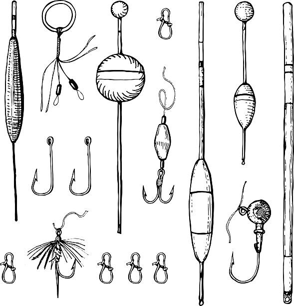 ilustraciones, imágenes clip art, dibujos animados e iconos de stock de conjunto de vectores dibujados a mano fising accesorios. - pesca con mosca ilustraciones