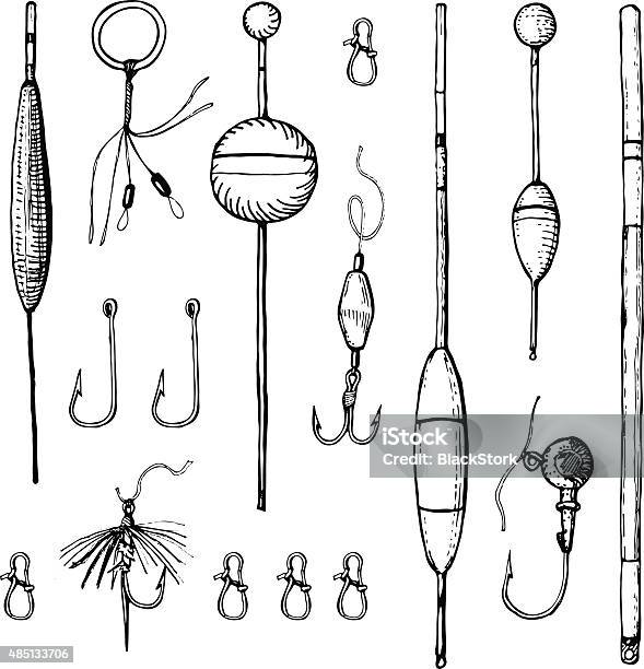 Vector Hand Drawn Set Of Fising Accessories Stock Illustration - Download Image Now - Fishing Hook, Sketch, Fishing