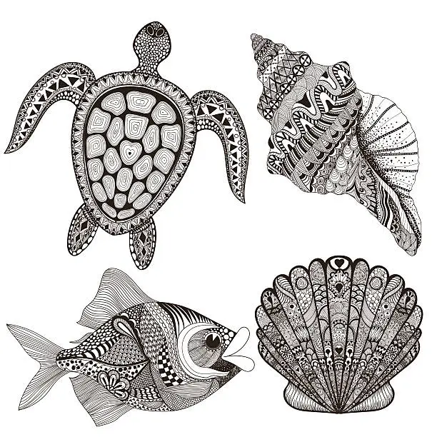 Vector illustration of Black sea shells, fish and turtle. Hand Drawn