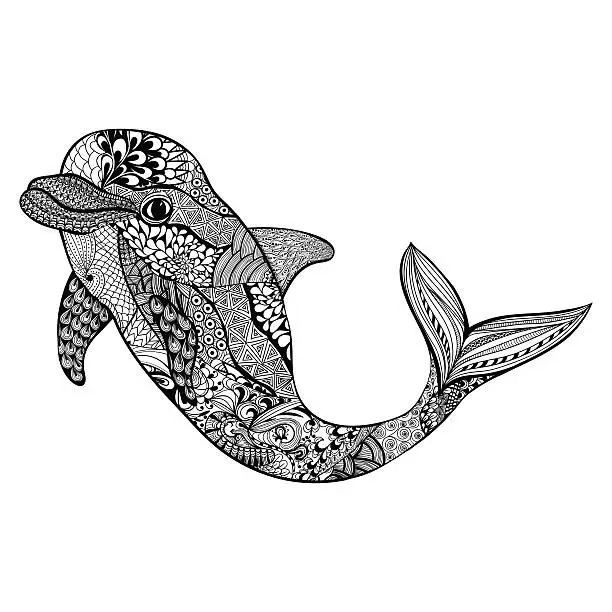 Vector illustration of Dolphin. Hand Drawn aquatic doodle vector ill