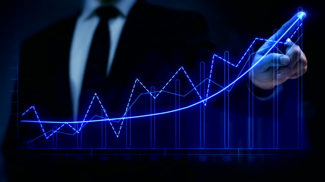 Businessman drawing an ascending financial chart. Touchscreen. Business success. Blue-white.