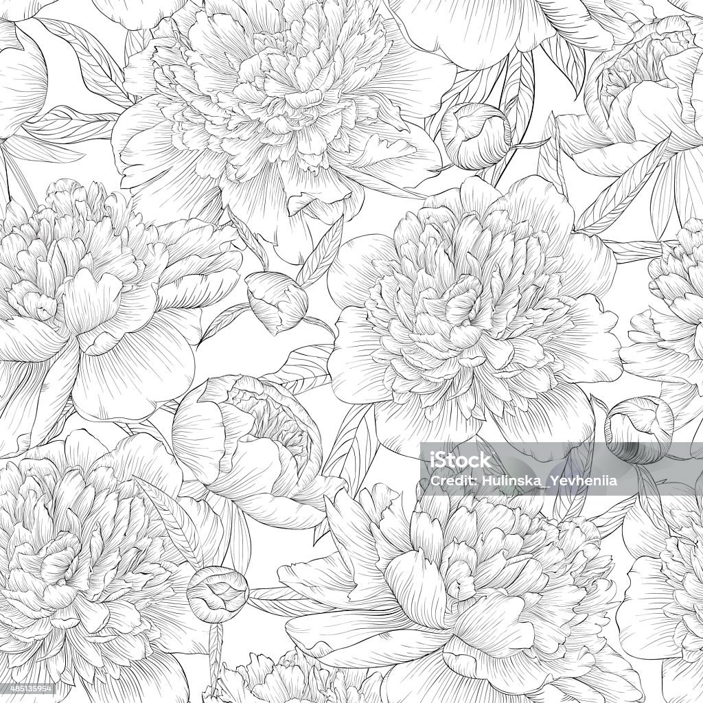 black and white seamless background. peonies with leaves and bud. beautiful monochrome black and white seamless background. peonies with leaves and bud. for greeting cards and invitations of wedding, birthday, Valentine's Day, mother's day and other seasonal holiday Flower stock vector