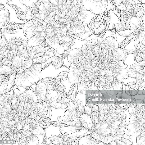 Black And White Seamless Background Peonies With Leaves And Bud Stock Illustration - Download Image Now
