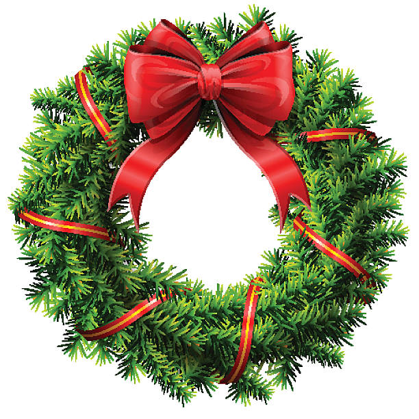 Christmas wreath with red bow and ribbon vector art illustration