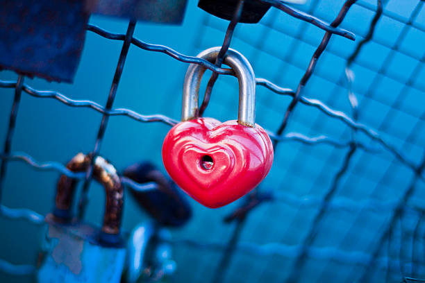 istock Heart-shaped padlock clipped to a wire mesh 485136252