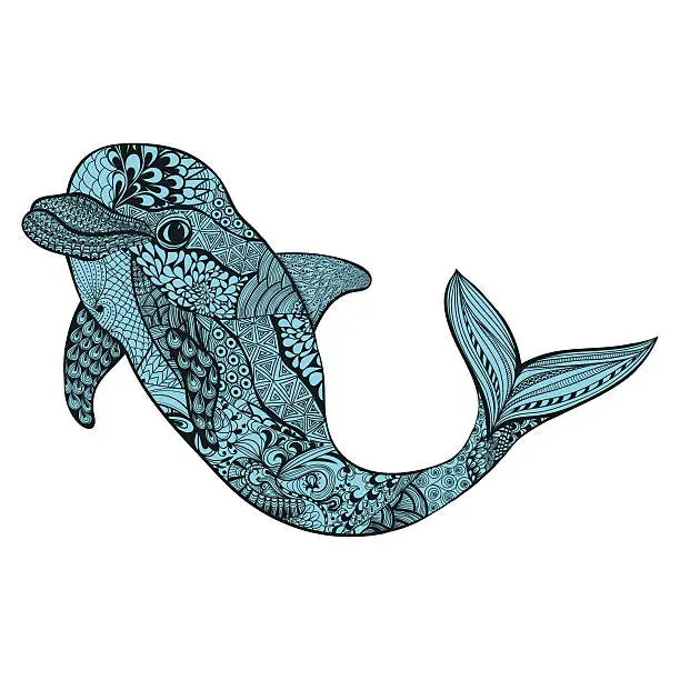 Vector illustration of Blue dolphin. Hand Drawn aquatic doodle vecto